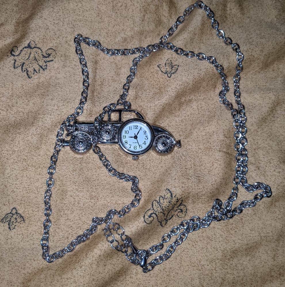 10/$25 Clock vintage style car pendant long chain necklace stainless steel back